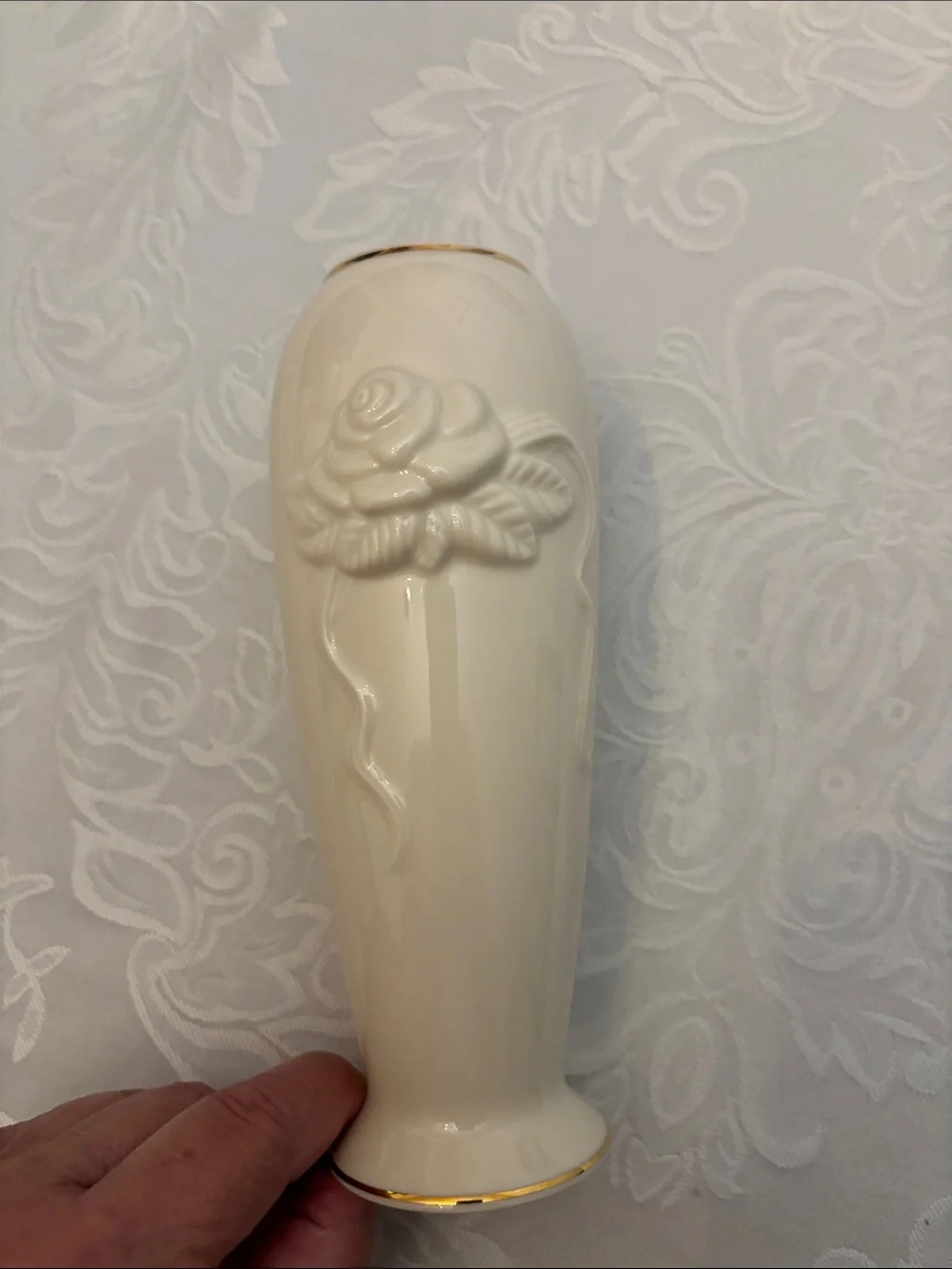 Lenox Ivory Porcelain Bud Vase with Gold Trim and Rose Relief